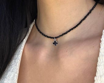 Black Spinel Clover Choker | Dainty Gemstone Necklace