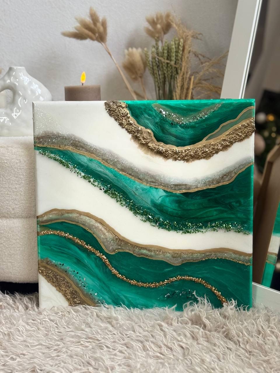 Emerald Green Geode Resin Art | 40x40 Cm Epoxy Wall Art | Gold