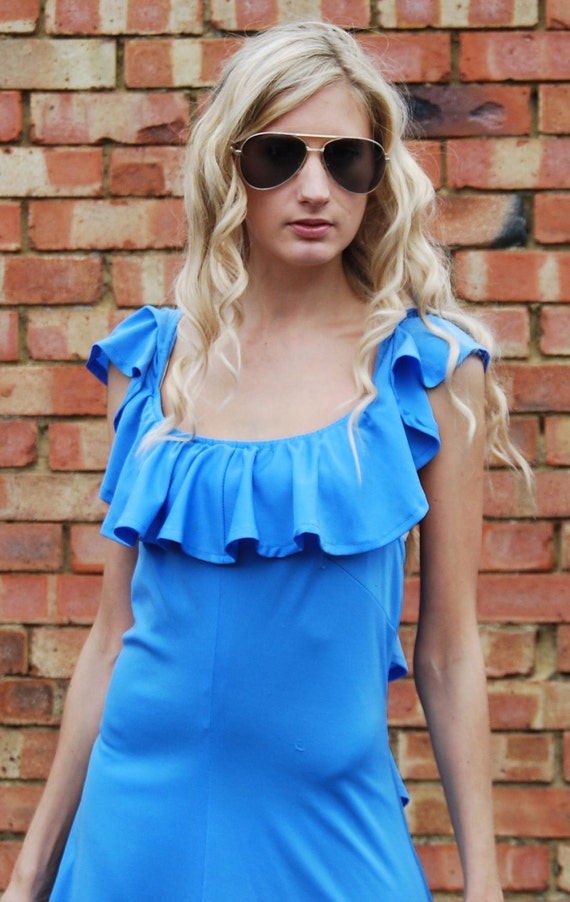 Vintage Sky Blue Frill Detail 70's Maxi Dress