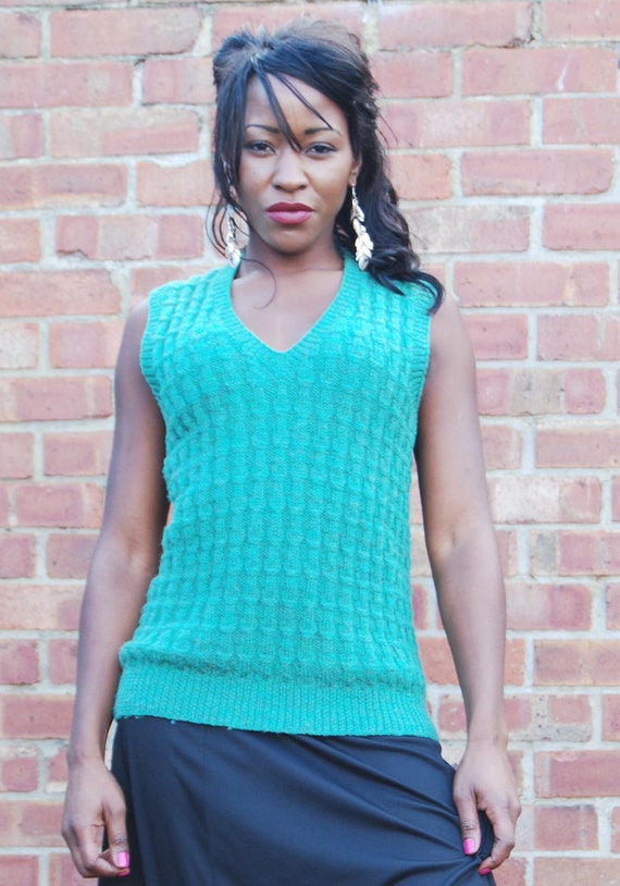Vintage Green Sleeveless Preppy Indie Knitted Jum… - image 2