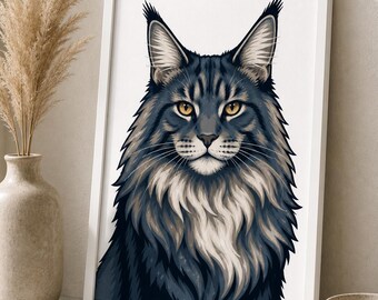Maine Coon Portrait Print Digital Download | Cat Wall Art | Maine Coon Gift | Cat Lover | Printable Cat Art