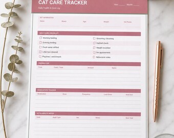 Cat Care Tracker Printable Digital Download | Cat Planner Sheet | Pet Care Log | Cat Owner Gift | Printable Cat Organizer