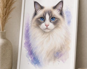 Ragdoll Cat Portrait Print Digital Download | Cat Wall Art | Ragdoll Cat Gift | Cat Lover | Printable Cat Art