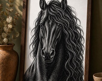 Friesian Horse Portrait Print Digital Download | Horse Wall Art | Friesian Gift | Horse Lover | Printable Horse Art
