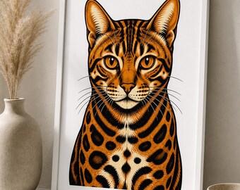 Bengal Cat Portrait Print Digital Download | Cat Wall Art | Bengal Cat Gift | Cat Lover | Printable Cat Art