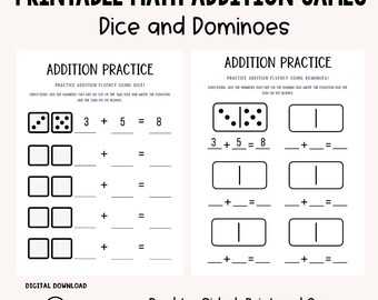 Juegos de suma imprimibles / Práctica de dados y dominó / Centros de matemáticas divertidos para la educación en casa / PDF / Descarga instantánea