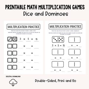 Puede incluir: Juegos imprimibles de multiplicación matemática con dados y dominós. Las hojas de trabajo incluyen problemas de práctica de multiplicación con dados y dominós. El texto dice "Multiplication Practice" y "Digital Download."