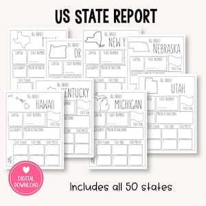 May include: A collection of black and white US State Report worksheets featuring outlines of states like Texas, Hawaii, and Michigan. Each page includes fields for capital, state number, geography, major attractions, state flower, bird, and motto.