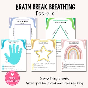 May include: Five Brain Break Breathing posters featuring instructional graphics for square, triangle, hand, star, and rainbow breathing techniques. Each poster includes text instructions and shapes to trace. A pink circle icon reads Digital Download.