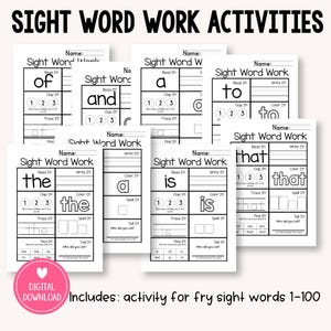 May include: A collection of printable sight word work activities for early learners. Each worksheet features a sight word with space to read, clap, trace, and spell the word. The worksheets are designed for children to practice reading and writing skills.