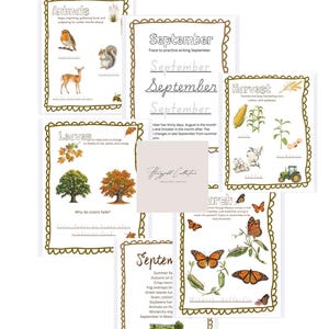 May include: A collection of educational worksheets featuring seasonal themes, including animals, harvest, leaves, and monarch butterflies. Each page has a decorative scalloped border, text for tracing, and watercolor illustrations of nature, wildlife, and farming.