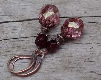 Vintage earrings with Bohemian glass beads - pink, garnet, wine red & copper