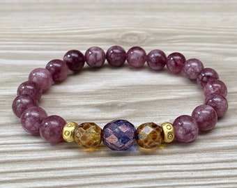 Bracelet with chalcedony, Bohemian glass beads & beads in matt gold (18K gold plated) - aubergine, burgundy