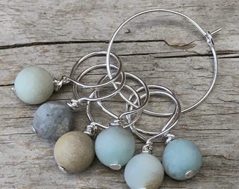 6 stitch markers with Amazonite - stitch counter - silver - semi-precious stones - knitting aid stitch marker beads blue frosted