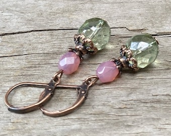 Vintage earrings with Bohemian glass beads - peridot, light green, green, pink opal & copper