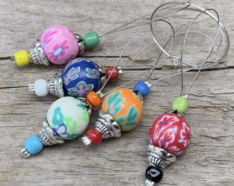 5 stitch markers with colorful polymer clay beads - stitch counter - colorful silver - set - knitting, knitting aid stitch marker flowers