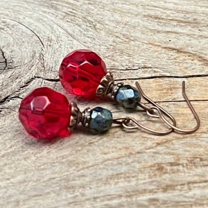 Vintage earrings with Bohemian glass beads red, bright red, water green & copper earrings vintage earrings single piece glass bead earrings image 2