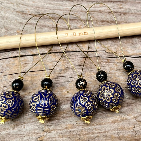 5 stitch markers with Bohemian glass beads / acrylic beads - marker stitch counter - dark blue, black gold - set - knitting, knitting aid