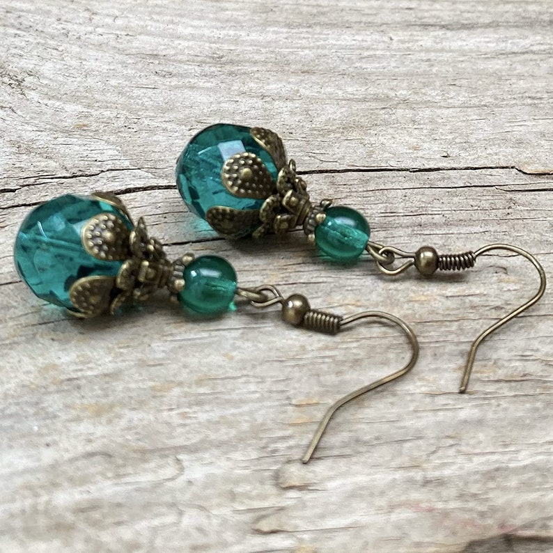 Vintage earrings with Czech glass beads petrol green, emerald, fir green & bronze image 1