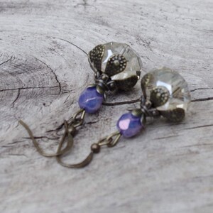 Vintage earrings with Bohemian glass beads lemon chiffon beige, lavender, purple & bronze image 5