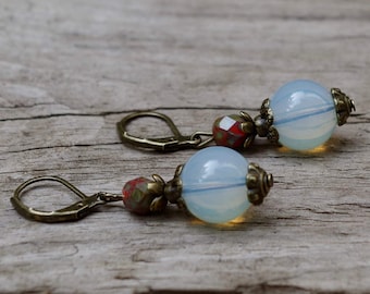 Vintage earrings with Czech glass beads - white opal, rust - red & bronze