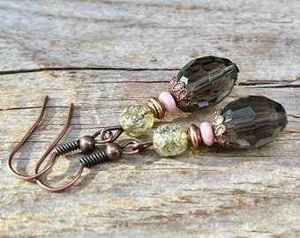 Vintage earrings with Czech olive glass beads - gray, old pink, lemon-silver & copper