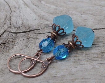 Vintage earrings with Bohemian glass beads - turquoise, aqua, light blue matt, petrol blue & copper