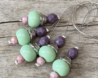 5 stitch markers with Bohemian glass beads - mesh counter - mint, lavender, pink - set - knitting, knitting aid stitch marker