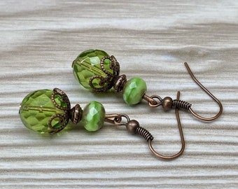 Vintage earrings with Bohemian glass beads - green & copper