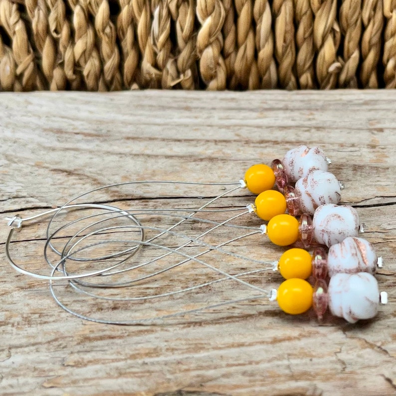 5 stitch markers with Bohemian glass beads stitch counter white, pink, yellow silver set knitting, knitting aid stitch marker image 4