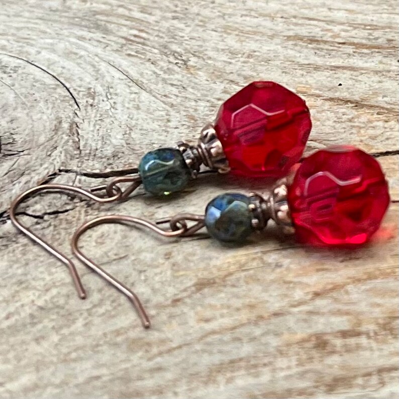 Vintage earrings with Bohemian glass beads red, bright red, water green & copper earrings vintage earrings single piece glass bead earrings image 4