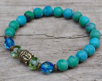 Bracelet with chrysocolla, Buddha & Bohemian glass beads -green, blue, azur, turquoise, bronze/Buddha bracelet, semi-precious stones, yoga yoga bracelet