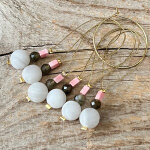 6 fine stitch markers with agate and labradorite stitch counter light gray, moss green pink gold set knitting, knitting aid stitch marker image 7