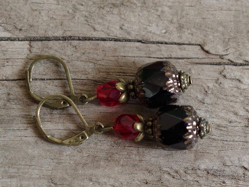 Vintage earrings with Bohemian glass beads black, opaque, red, dark red & bronze image 3