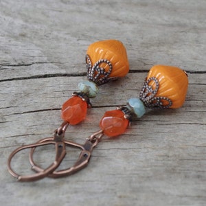 Vintage Ohrringe mit böhmischen Glasperlen orange, aqua, türkis, hellblau & kupfer Bild 2