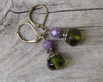 Vintage earrings with Czech glass beads - green, olive green, olive, lavender opaque, purple & bronze