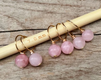 6 stitch markers with jade - stitch counter - pink matt, gold - semi-precious stones - knitting aid stitch marker beads