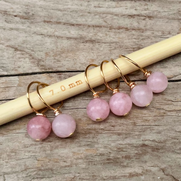 6 stitch markers with jade - stitch counter - pink matt, gold - semi-precious stones - knitting aid stitch marker beads