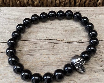 Men's bracelet with black tourmaline & 304 stainless steel skull - tourmaline bracelet, skull bracelet, skull scull, skull, skull skull