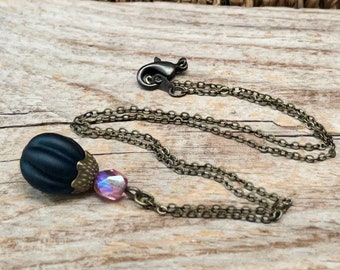 Collier vintage avec pendentif en perles de verre tchèques - noir mat rose AB & bronze - melon citrouille citrouille