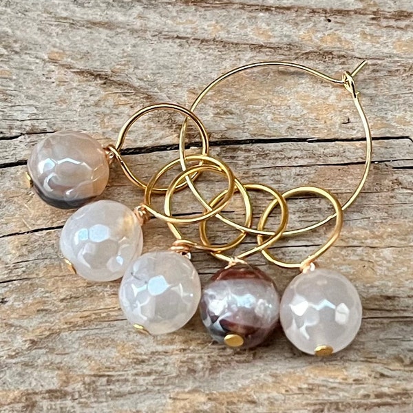 5 Maschenmarkierer mit Achat-Perlen - Maschenzähler - creme pearl luster plated, gold - Halbedelsteine - Strickhilfe stitch marker Perlen