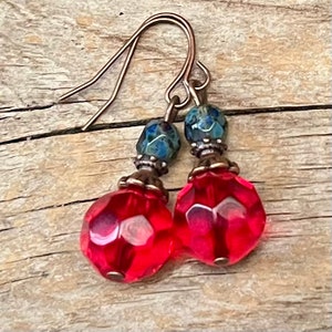 Vintage earrings with Bohemian glass beads red, bright red, water green & copper earrings vintage earrings single piece glass bead earrings image 5