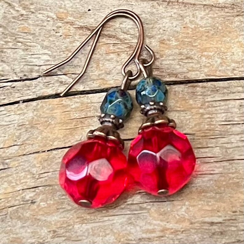 Vintage earrings with Bohemian glass beads red, bright red, water green & copper earrings vintage earrings single piece glass bead earrings image 5
