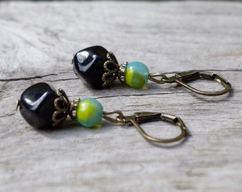 Vintage earrings with glass beads - black opaque, aqua, turquoise, kiwi green, lemon green & bronze