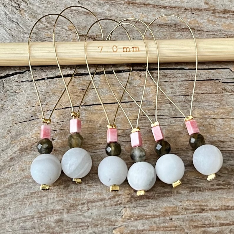 6 fine stitch markers with agate and labradorite stitch counter light gray, moss green pink gold set knitting, knitting aid stitch marker image 1