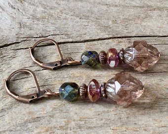 Vintage earrings with Czech turbine glass beads - pink, berry, green-blue-Picasso & copper