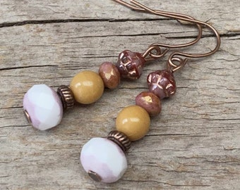 Vintage earrings with Bohemian glass beads - white, beige, rust red & copper