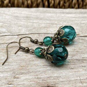 Vintage earrings with Czech glass beads petrol green, emerald, fir green & bronze image 4