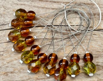 10 small stitch markers with Czech glass beads - marker stitch counter - brown olive silver - set - knitting, knitting aid