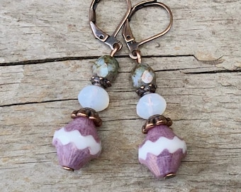 Vintage earrings with Bohemian glass beads - white, pink, opal, water green & copper